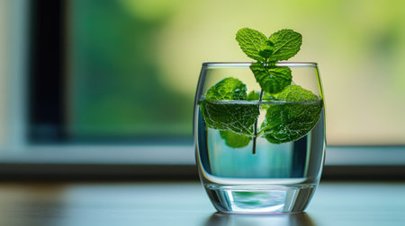 A beautiful glass filled with water showcases fresh mint leaves, highlighting the essence of natural ingredients and freshness in a serene indoor setting. Perfect for culinary inspiration.の素材
