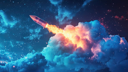A stunning illustration of a rocket soaring through vibrant clouds in deep space, showcasing the excitement of exploration and the beauty of the cosmos with brilliant colors and fiery trails.の素材