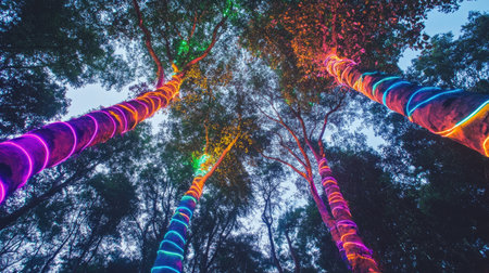 This captivating image features a forest filled with trees adorned with colorful LED lights, creating a magical atmosphere against the evening sky.の素材