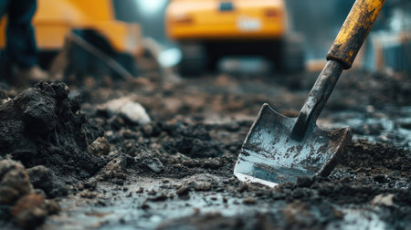 A detailed close-up image of a shovel penetrating wet earth at a construction site, showcasing the hard labor involved in building and development with machinery in view.の素材