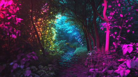 A captivating scene of a forest pathway illuminated with vibrant colors and glowing lights, creating an enchanting atmosphere for fantasy and nature lovers alike.の素材