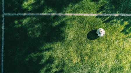 A captivating aerial view captures a soccer ball resting on a vibrant green field, framed by natural shadows, inviting play and athletic spirit under the open sky.の素材