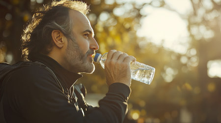 A man takes a moment to hydrate with a water bottle while enjoying the serene beauty of nature in a sunlit park during a leisurely stroll in the autumn season.の素材