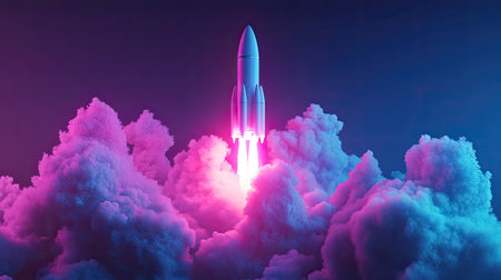 A stunning depiction of a rocket launching into the sky amidst vibrant clouds, surrounded by bright flames that create a surreal and futuristic atmosphere.の素材