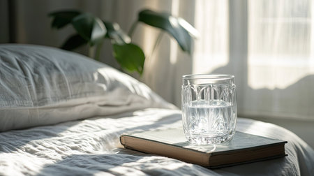 A serene bedroom setting featuring a crystal glass of water resting on an open book, illuminated by soft sunlight filtering through sheer curtains, creating a peaceful atmosphere.の素材