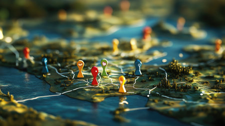 Colorful map featuring vibrant location markers that symbolize various points of interest, ideal for concepts related to travel, navigation, and exploration in a digital context.の素材
