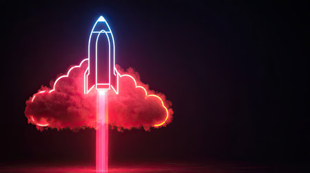 A vibrant neon rocket launches from a cloud in dark space, symbolizing adventure and innovation. Perfect for themes of exploration, technology, and future opportunities.の素材