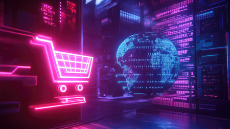 Explore a vibrant and futuristic digital shopping scene featuring a neon shopping cart alongside a glowing globe, symbolizing the evolution of global commerce in the tech age.の素材
