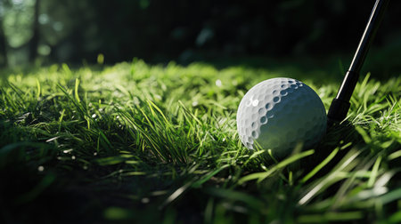 A captivating close-up of a golf ball resting on vibrant green grass, accented by the head of a golf club, evoking the essence of outdoor sports and leisure activities.の素材