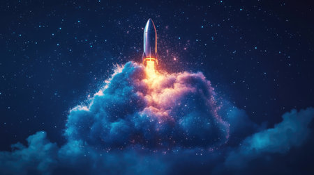 A mesmerizing image showcasing a rocket's dramatic launch against a backdrop of cosmic clouds and a starry sky, emphasizing energy and exploration in space.の素材
