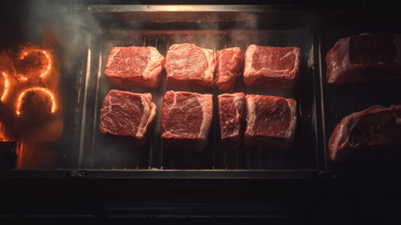 A top view of raw pork slabs on a conveyor belt under bright industrial lighting, leaving copy spaceの素材