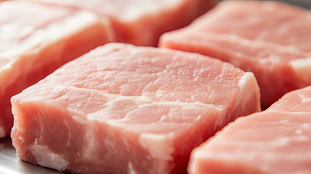 A close-up of raw pork meat on a conveyor belt in a hygienic processing plant, with room for copy space.の素材