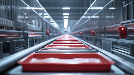 A clean pork processing environment featuring raw meat trays on industrial conveyors, with space for text.の素材