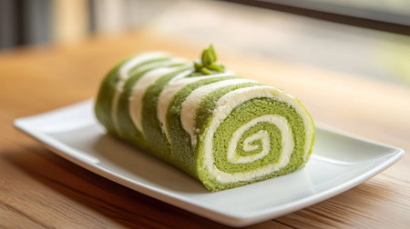 A close-up of a freshly baked green tea cake roll with swirls of cream, placed on a white plate with copy space.の素材