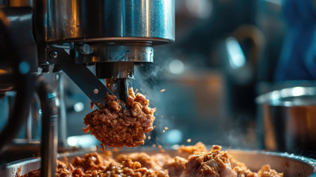 A meat grinder in action, processing pork in a hygienic plant with clean copy space availableの素材