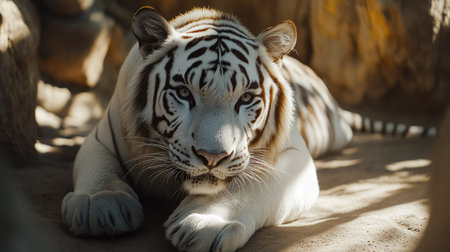 A close-up of a white tiger lounging in a shaded area of Tenerife Zoo, with a clean background for text.の素材