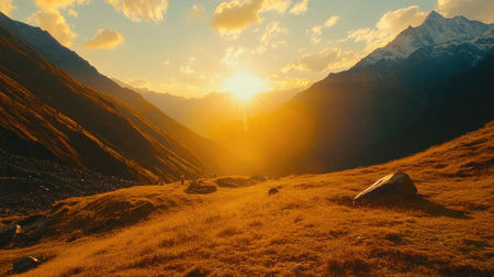 A breathtaking sunset over the Panchachuli peaks in the Indian Himalayas, with golden light and ample copy space.の素材