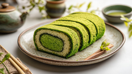 A delicious green tea cake roll sliced and served on a plate, with a soft green tea filling, set on a clean background.の素材
