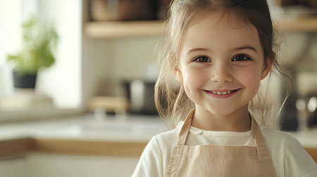 A close-up of a smiling little girl wearing an apron, standing proudly in a bright kitchen with copy space available.の素材