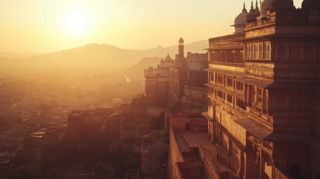 A panoramic sunset view of Jaswant Thada and the iconic Mehrangarh Fort, with warm light and abundant copy spaceの素材