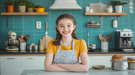 A cheerful young girl in an apron leaning on the kitchen counter, surrounded by baking tools and copy space.の素材
