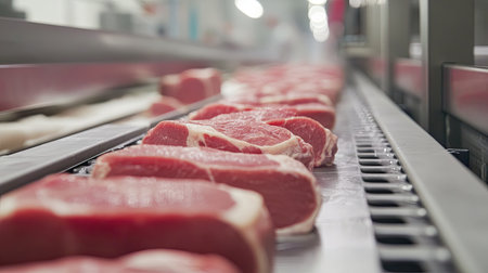 A close-up of pork cuts prepared for packaging in a sanitary processing facility, leaving ample copy space.の素材