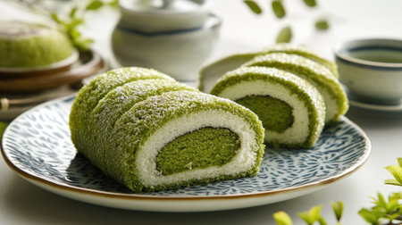 A delicious green tea cake roll sliced and served on a plate, with a soft green tea filling, set on a clean background.の素材