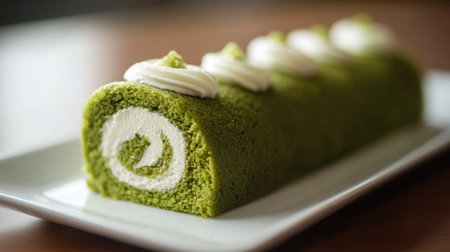 A close-up of a freshly baked green tea cake roll with swirls of cream, placed on a white plate with copy space.の素材