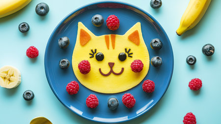 A colorful breakfast plate designed as a cat face, featuring berries and bananas, with ample copy space.の素材
