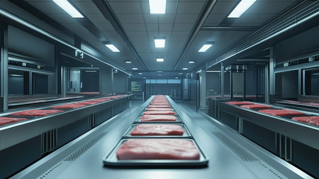 A clean pork processing environment featuring raw meat trays on industrial conveyors, with space for text.の素材