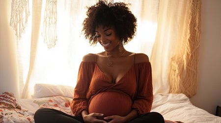 A radiant Afro-pregnant woman sitting on a bed, tenderly holding her belly and smiling, with space for textの素材