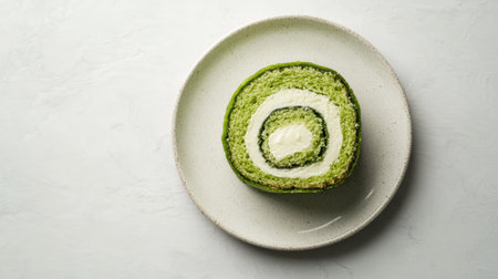 A green tea cake roll with a creamy filling, elegantly sliced on a delicate plate, set against a minimalist backdropの素材