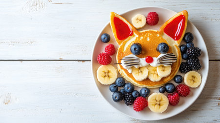 A fun cat-themed plate made of pancakes, berries, cream, and bananas, styled on a white wooden table with copy space.の素材