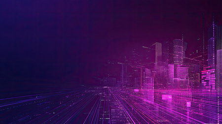 A futuristic city glowing purple at night, with digital data lines illuminating the skyline and space for textの素材