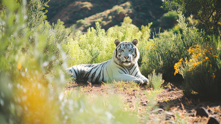 A majestic white tiger resting in its enclosure surrounded by lush greenery at Tenerife Zoo, with ample copy spaceの素材
