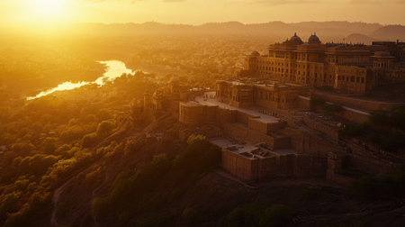 A panoramic sunset view of Jaswant Thada and the iconic Mehrangarh Fort, with warm light and abundant copy spaceの素材