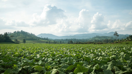 A rural landscape of sweet potato fields stretching into the distance, with abundant space for textの素材