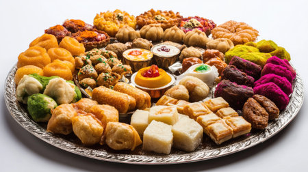 A decorative platter of Diwali snacks, featuring sweets and savory bites, isolated with bright festive colors and copy space.の素材