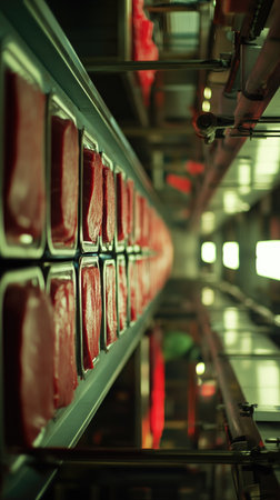 A wide-angle view of a pork processing assembly line with raw meat trays and ample space for copyの素材