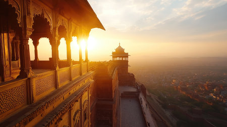 A panoramic sunset view of Jaswant Thada and the iconic Mehrangarh Fort, with warm light and abundant copy spaceの素材