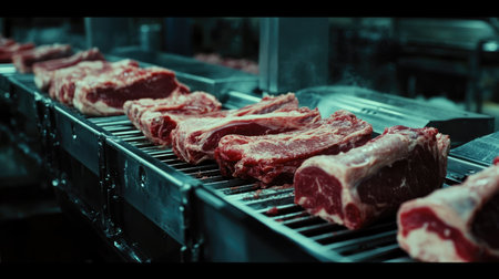 A factory scene with raw pork cuts being inspected on a production line, leaving room for text or branding.の素材