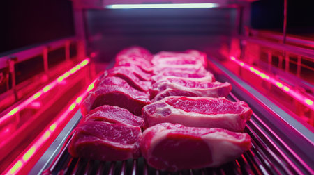 A top view of raw pork slabs on a conveyor belt under bright industrial lighting, leaving copy spaceの素材