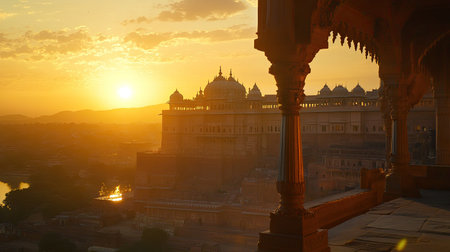 A stunning view of Jaswant Thada with Mehrangarh Fort in the background at sunset, with golden hues and ample copy space69の素材