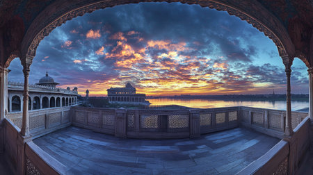 A panoramic view of Agra Fort architectural beauty at dawn, highlighting its intricate design and leaving room for copy spaceの素材
