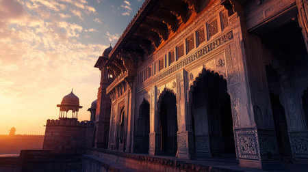 A panoramic view of Agra Fort architectural beauty at dawn, highlighting its intricate design and leaving room for copy spaceの素材
