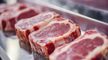 Fresh pork cuts being portioned on an automated assembly line, with room for branding or textの素材