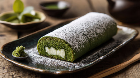 A green tea-flavored cake roll dusted with powdered sugar, presented on a plate with room for text or brandingの素材