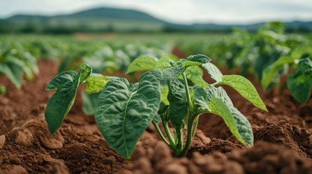 Close-up of vibrant sweet potato leaves and vines flourishing in a fertile field, with room for copyの素材
