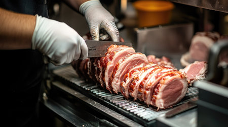 Industrial-grade machines slicing pork in a clean factory setting, providing ample copy space for text or brandingの素材