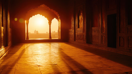 A serene sunrise view of Agra Fort red sandstone walls and intricate details, leaving ample copy spaceの素材